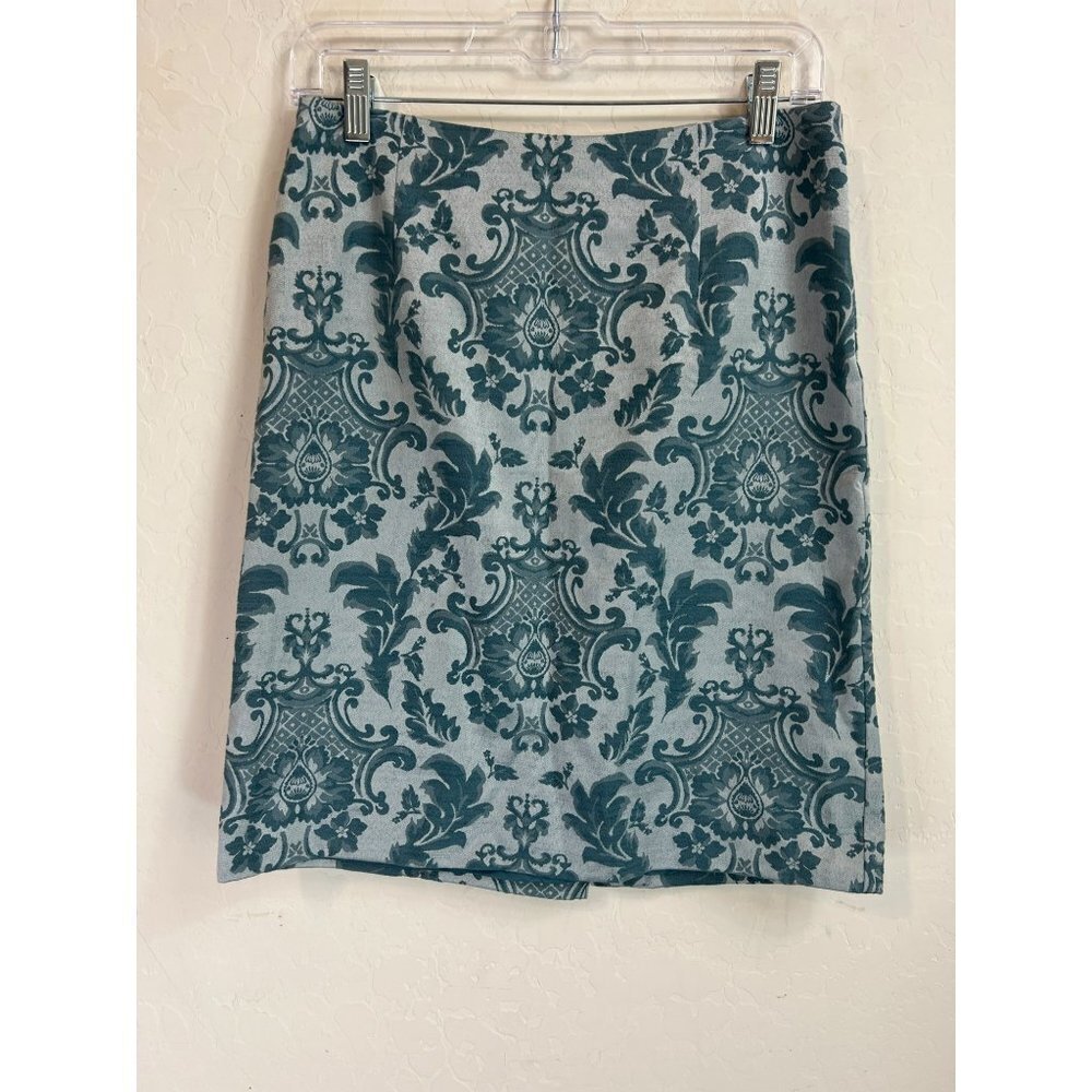 Merona Women Sz 4 Light Blue Damask Print Pencil Skirt Back Zip Cotton Polyester